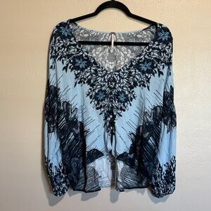 Free People Blue and Black Floral Blouse